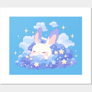 Kawaii Baby Bunny In The Cloudy Starry Night Posters and Art